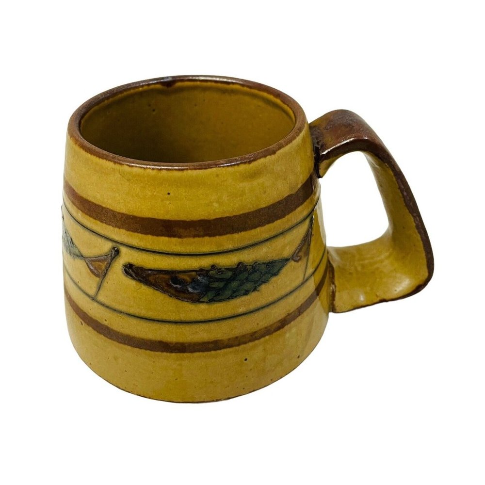 Vintage Stone Ware Coffee‎ Mug Tea Pot Art Pottery Studio 4 Fish Pattern 10 oz 3